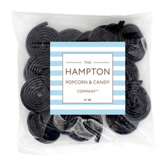 Back view of Broadway Black Licorice Wheels bag showing 8-ounce bulk size for gatherings.