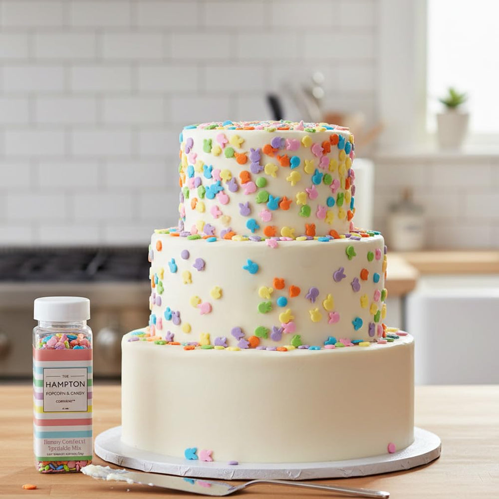 The Hampton Bunny Confetti Sprinkles blue jar for playful cake accents.