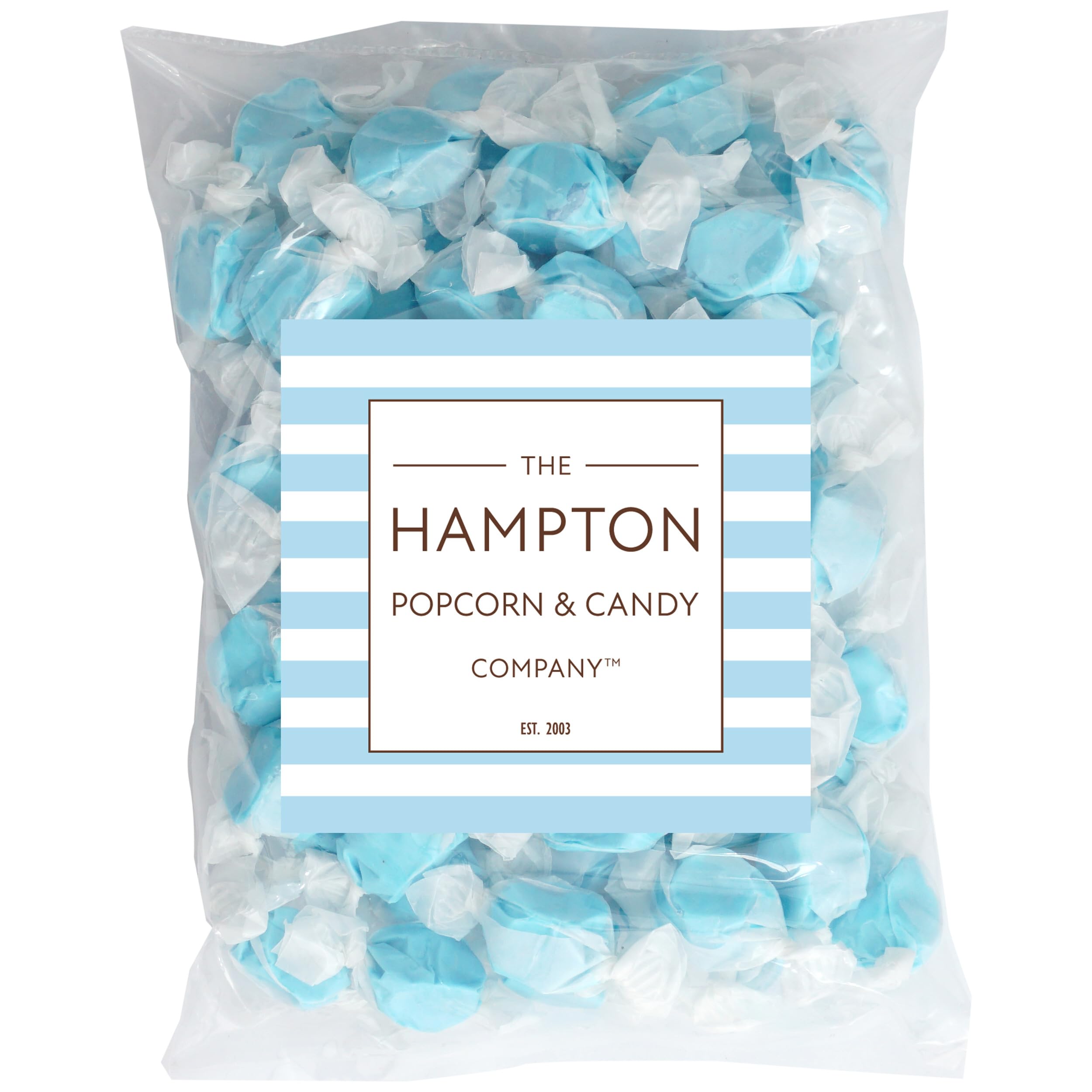 The Hampton Candy blue raspberry taffy wrapped pieces ready for a candy tray.