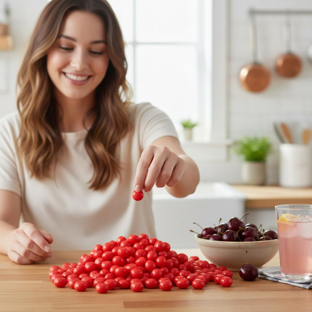 The Hampton Candy Cherry Sours enhance party favors and dessert displays with vibrant appeal.