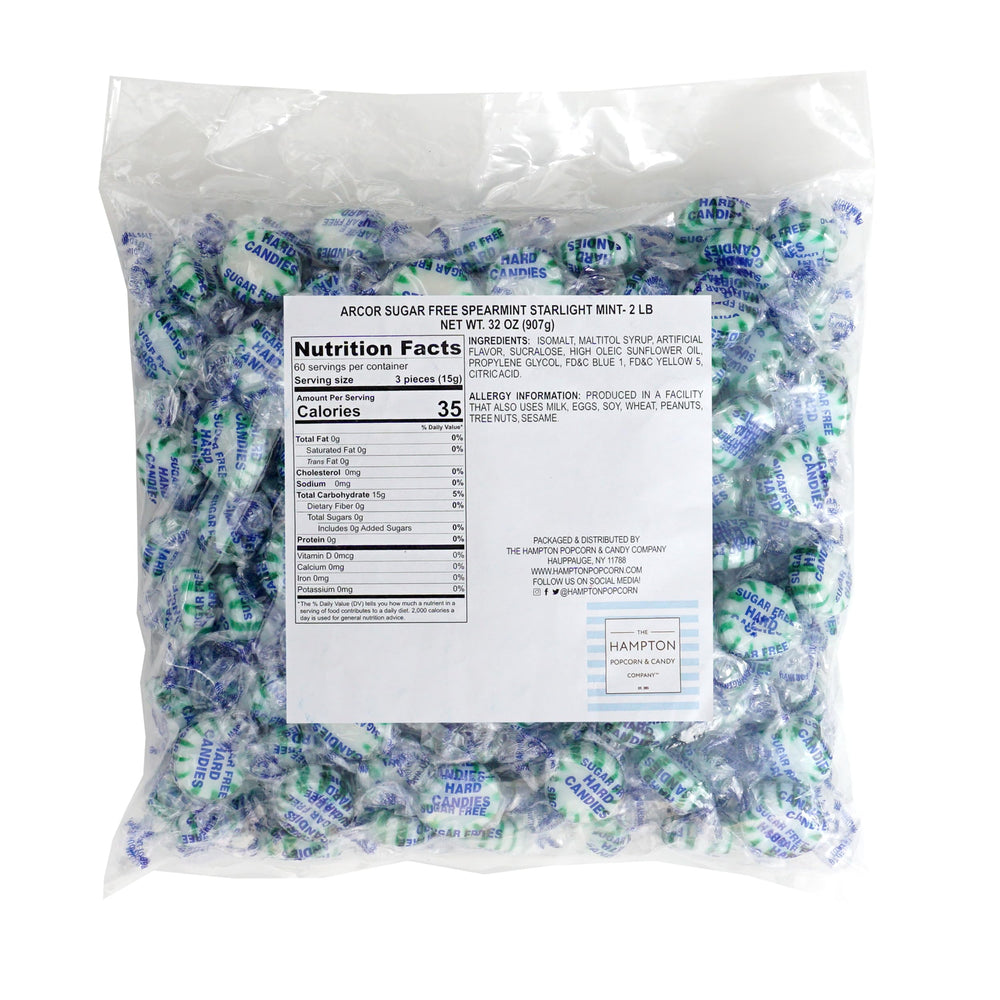 The Hampton Candy Company Arcor sugar-free spearmint starlight mints individual wrappers close-up; convenient portion control.