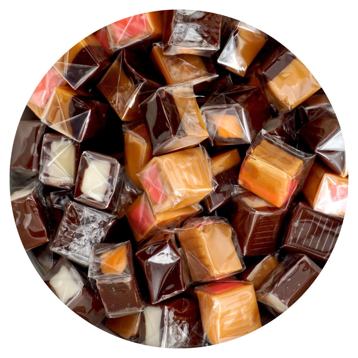The Hampton Candy Company assorted caramel squares bulk bag, ideal party candy.