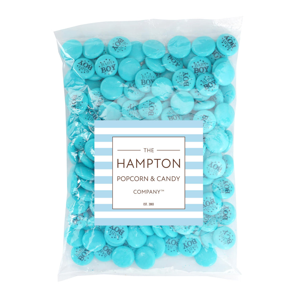 The Hampton Candy Company blue gum buttons table display closeup for a vibrant candy table