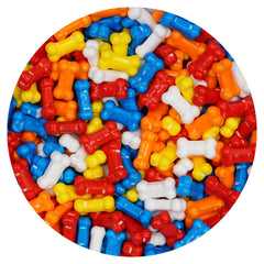 The Hampton Candy Company Bonz bone-shaped candies in bright colors for party favors.