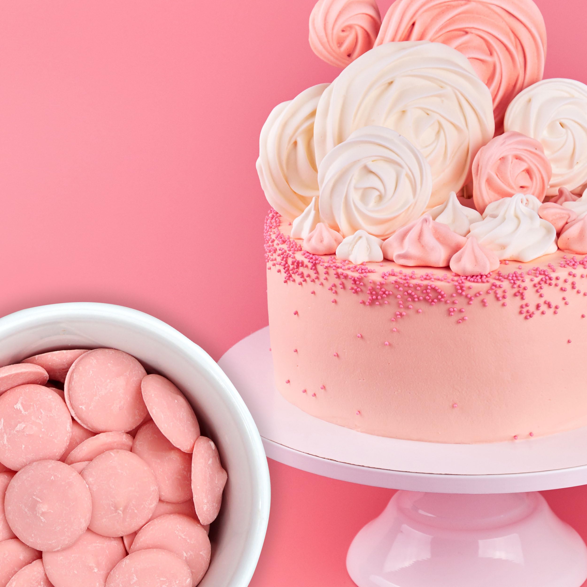 12-ounce bulk bag of pink chocolate melts for bulk baking.