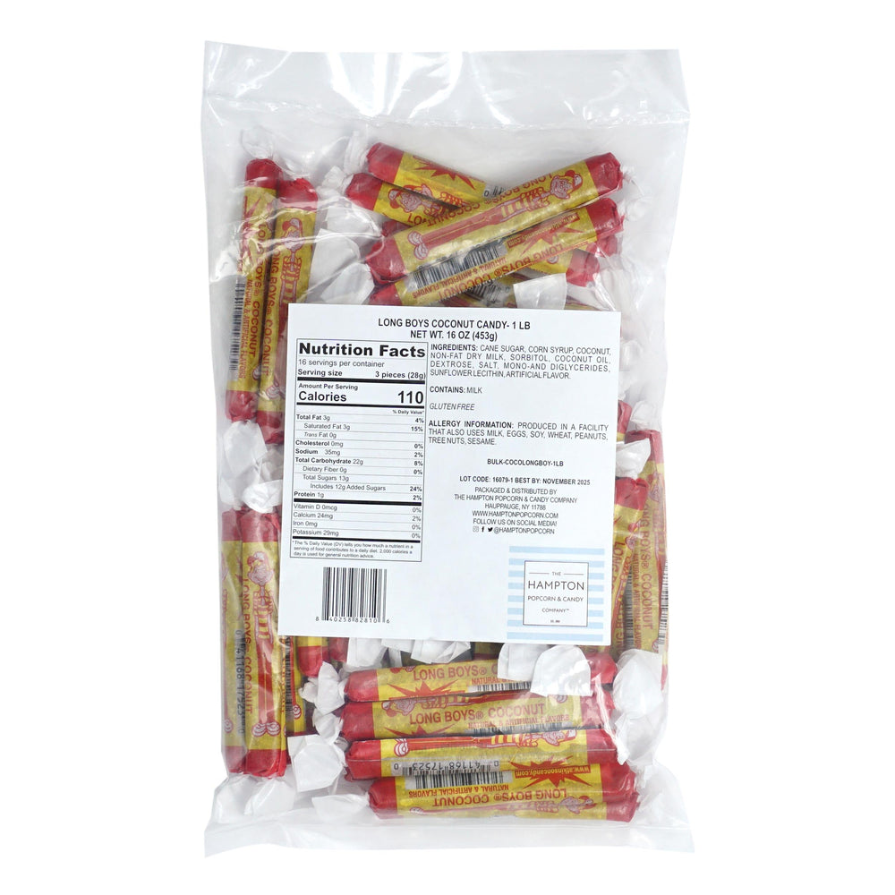 The Hampton Candy Company coconut long boys candy, individually wrapped, perfect for on-the-go snacks.