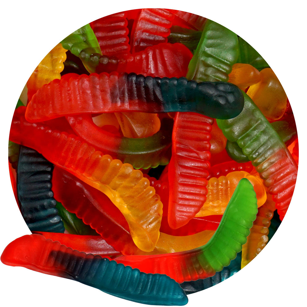The Hampton Candy gummy worms in assorted flavors, 1lb bulk, perfect for party buffets.