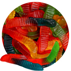 The Hampton Candy gummy worms in assorted flavors, 1lb bulk, perfect for party buffets.