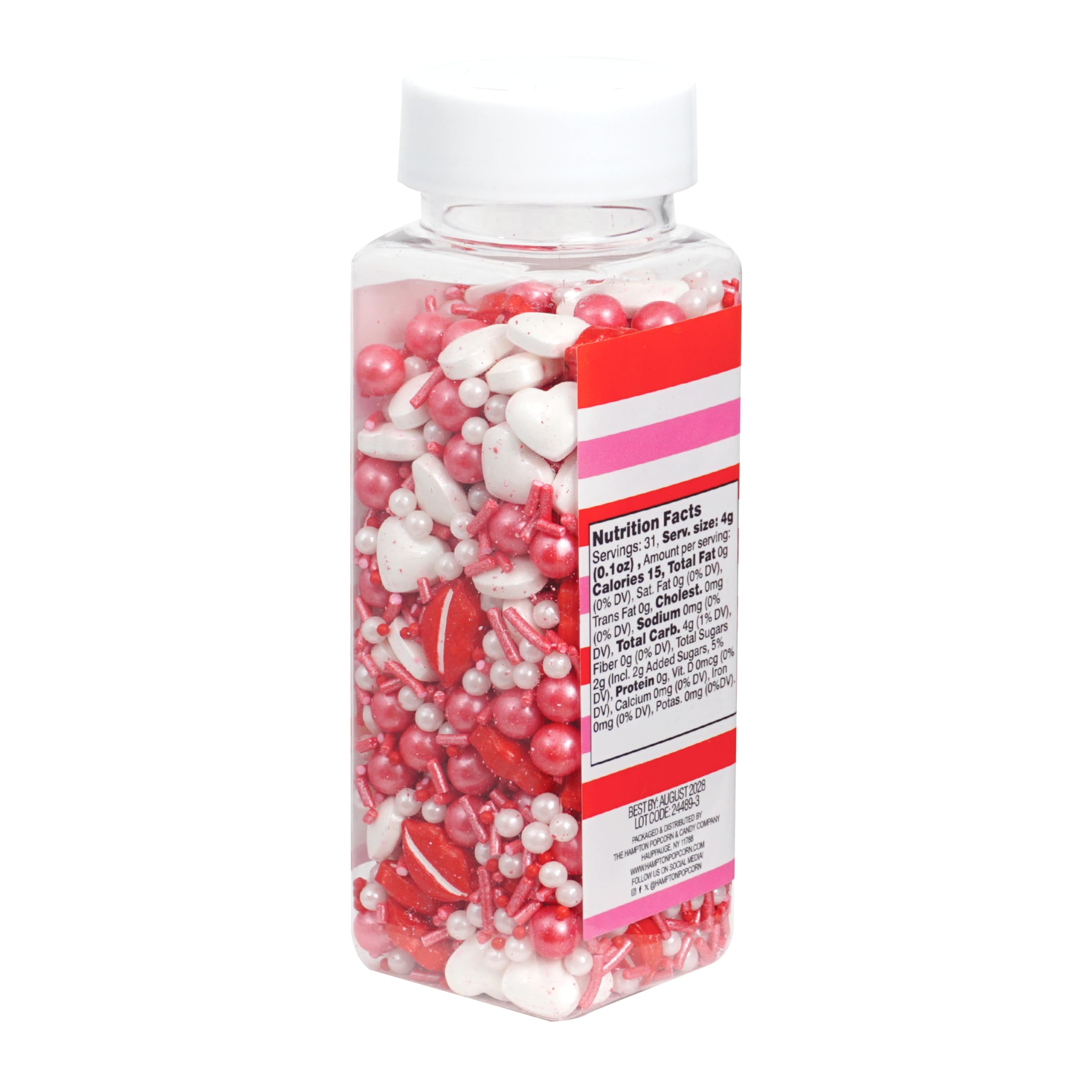The Hampton Candy Company Lips & Hearts sprinkle mix enhances birthday and valentines treats.