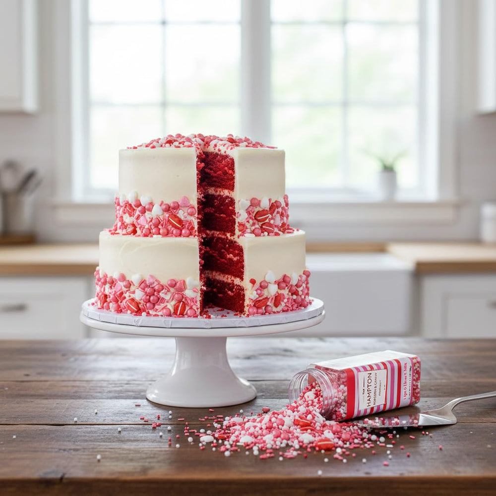 The Hampton Candy Company Lips & Hearts sprinkle mix jar closeup shows tiny red and white accents.