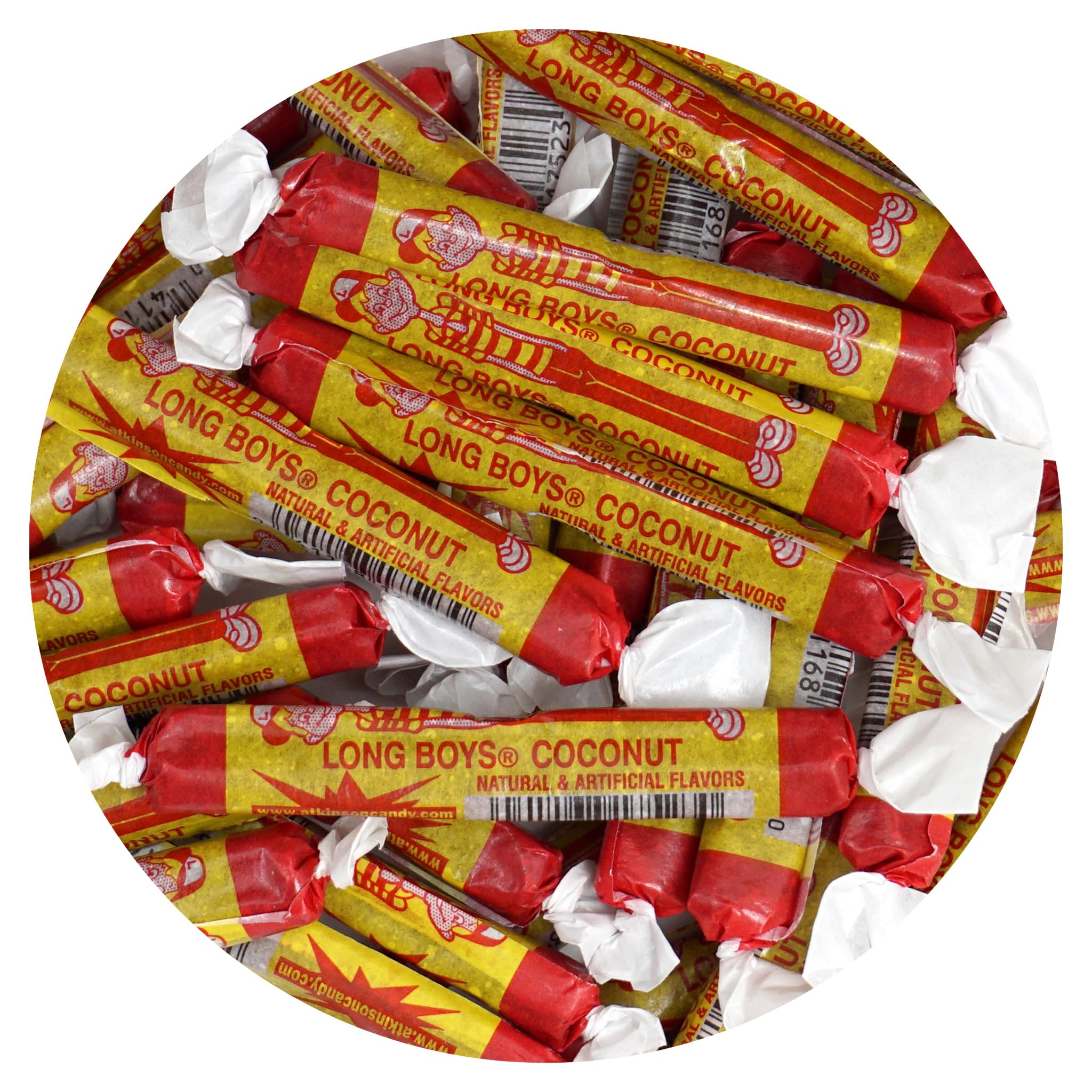 The Hampton Candy Company coconut long boys in a 1 lb bag, creamy caramel with coconut, for parties.