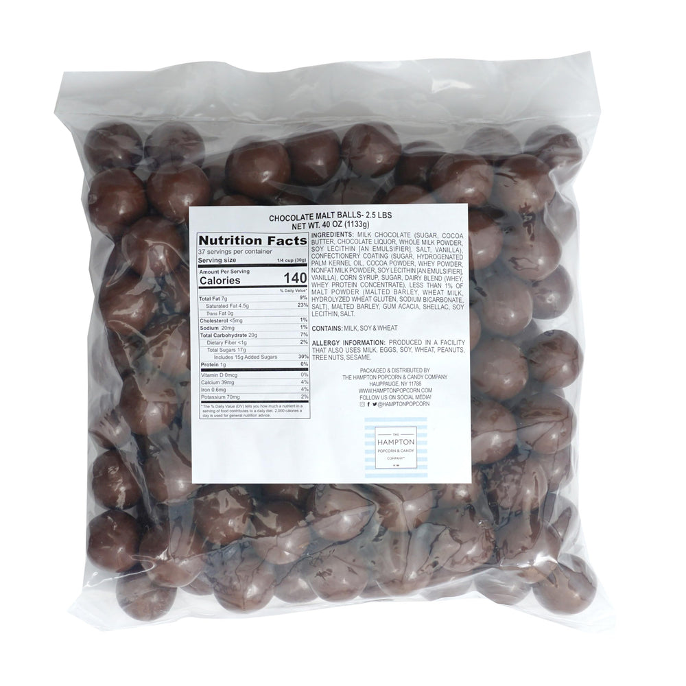 Close-up view of The Hampton Candy Company Milk Chocolate Malt Balls malt center