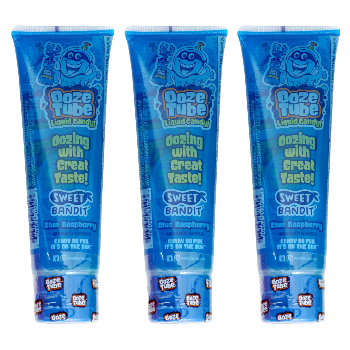 The Hampton Candy Company Ooze Tube Blue Raspberry trio ready for snacking.