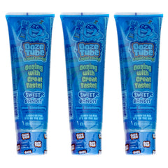 The Hampton Candy Company Ooze Tube Blue Raspberry trio ready for snacking.