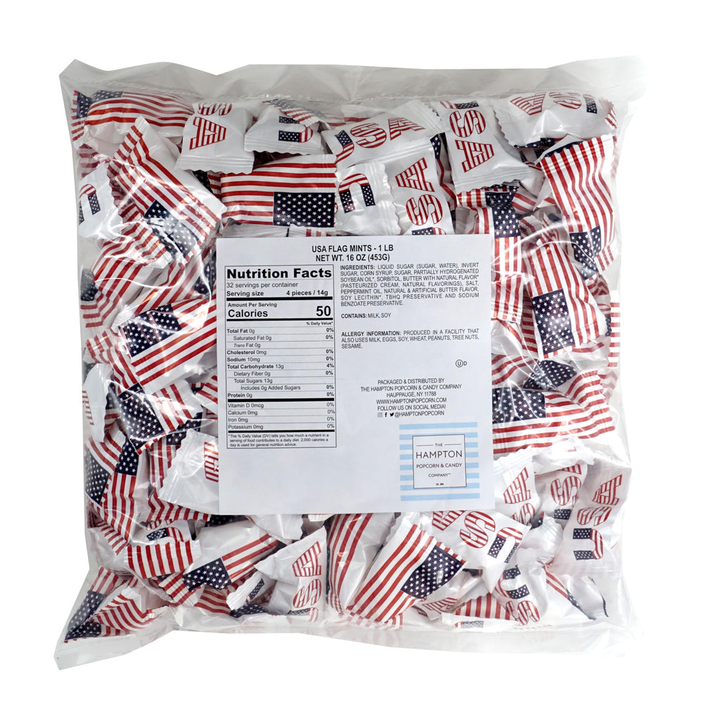 The Hampton Candy Company Patriotic Buttermints packaging side view for themed celebrations.