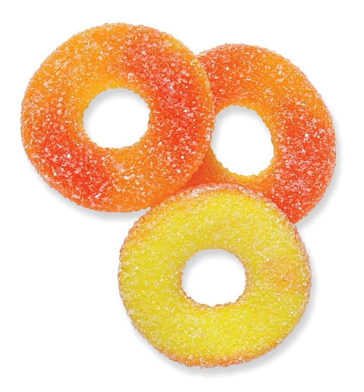 Peachie O's close-up showing fruity aroma and chewy texture.