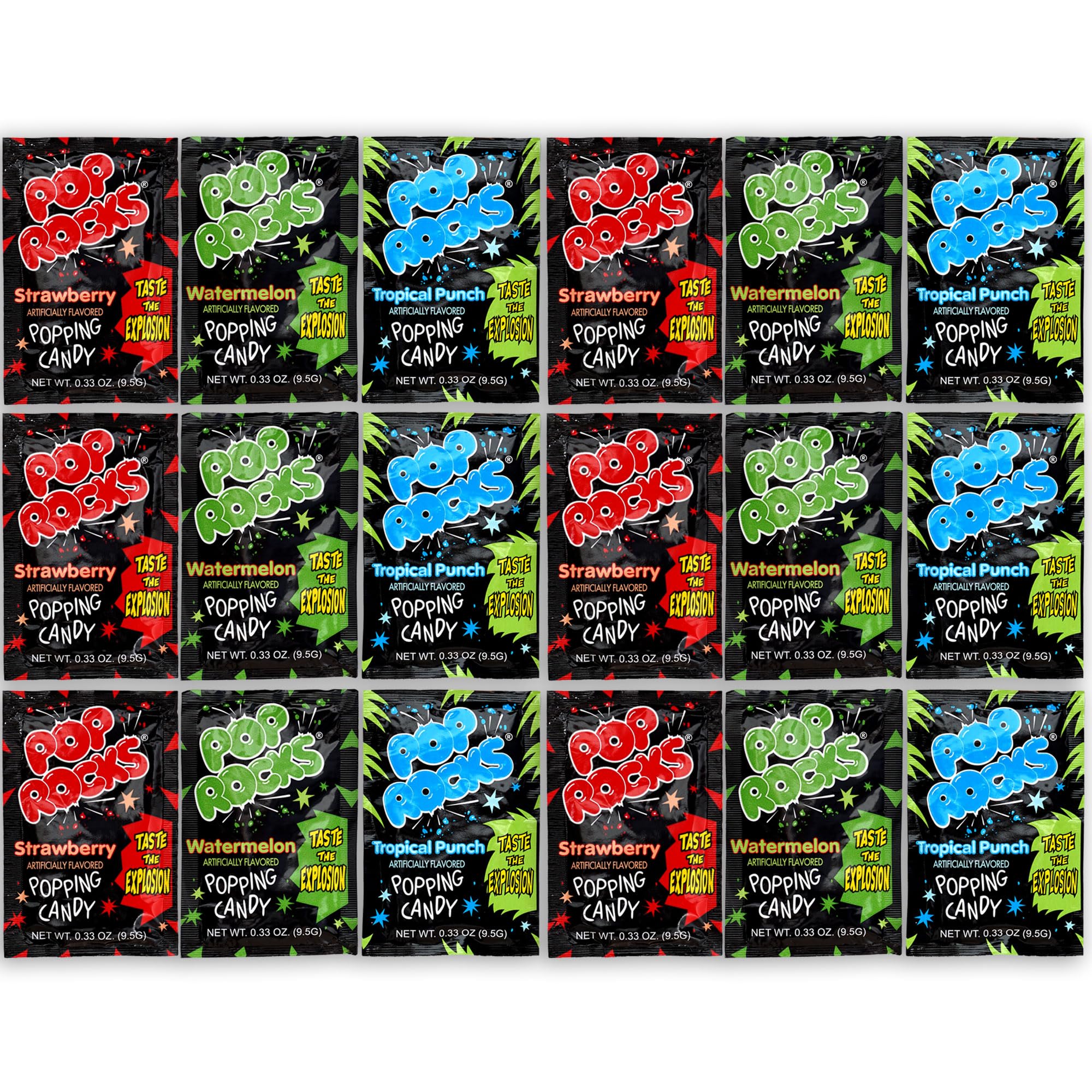 The Hampton Candy Company Pop Rocks 18-pack strawberry flavor—crackling on the tongue.