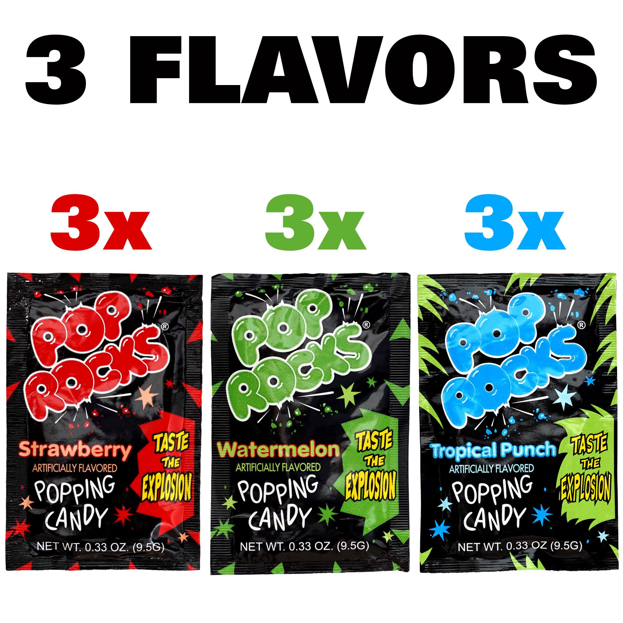The Hampton Candy Company Pop Rocks 9-pack flavor display features strawberry, watermelon, and tropical punch.