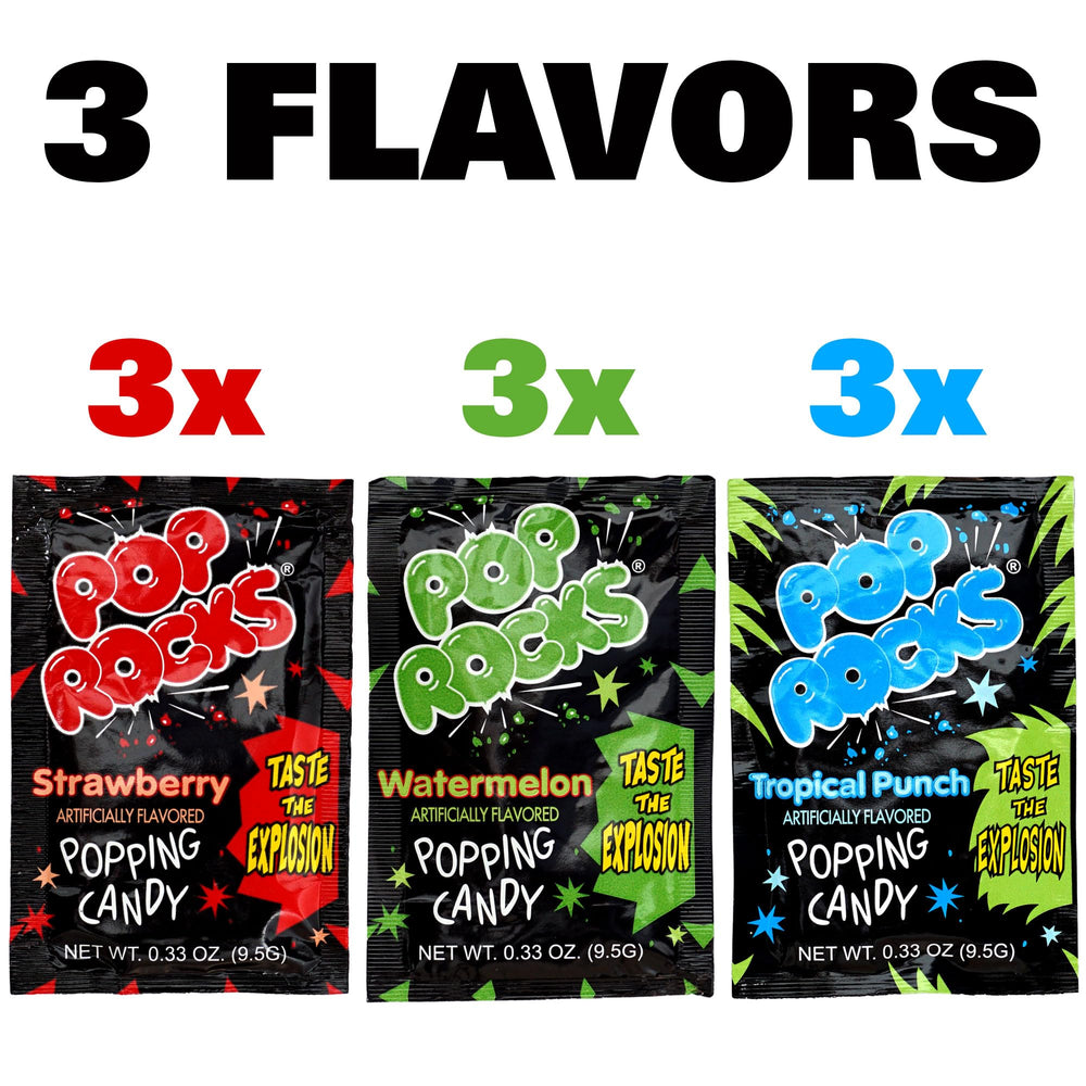 The Hampton Candy Company Pop Rocks 9-pack flavor display features strawberry, watermelon, and tropical punch.