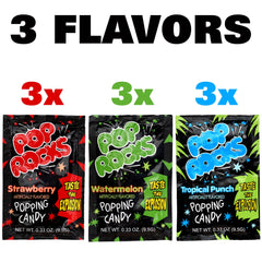 The Hampton Candy Company Pop Rocks 9-pack flavor display features strawberry, watermelon, and tropical punch.