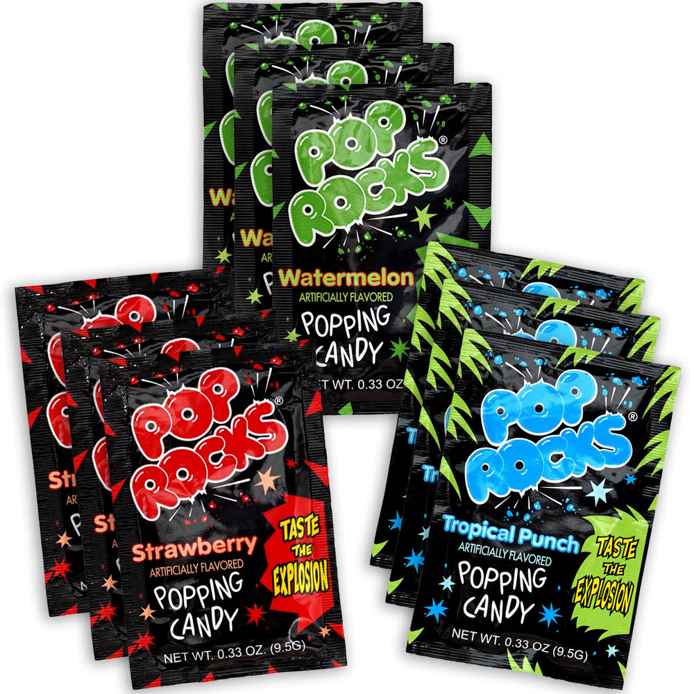 The Hampton Candy Company Pop Rocks 9-pack pack shot shows three flavors for party snacks.