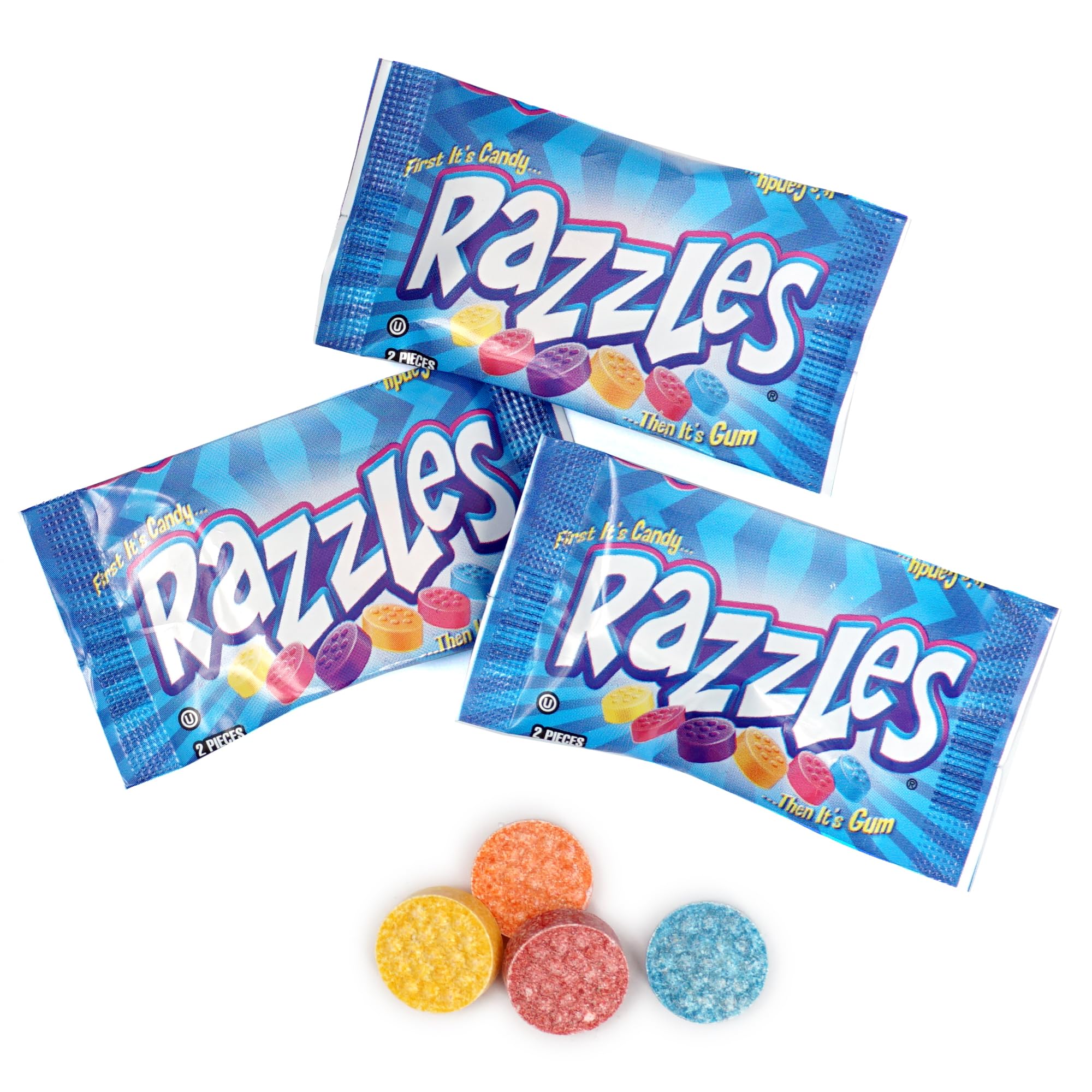 Razzles 2 pieces per pack, convenient snack size.