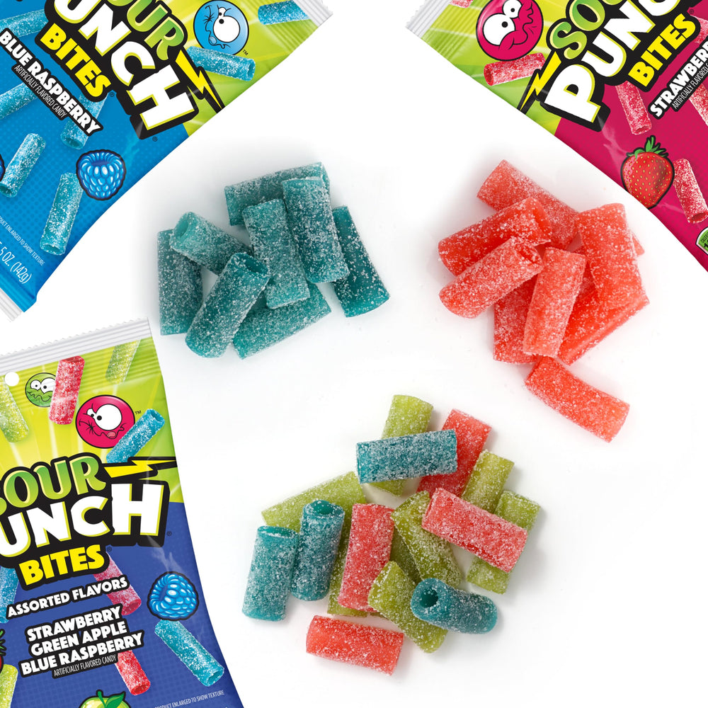 Sour Punch Bites blue raspberry bag by The Hampton Candy Company, vivid tang and chewy bite