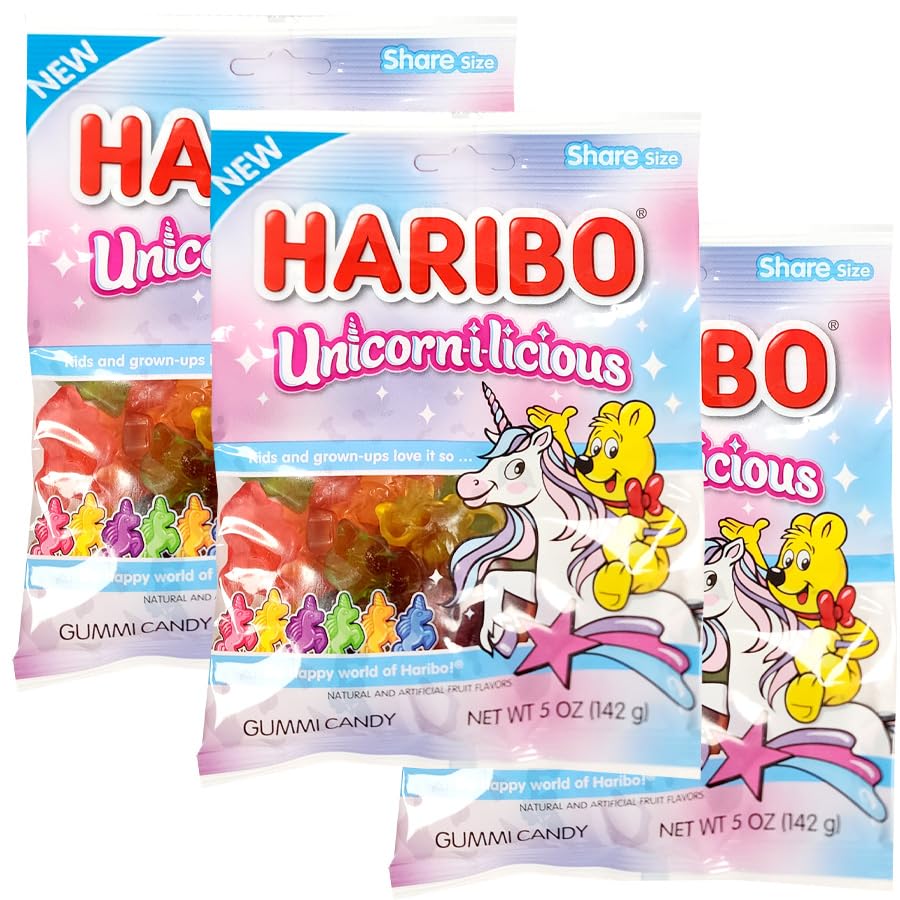 The Hampton Candy Company Unicorn-i-licious 5oz gummy bag trio packaging for party favors.