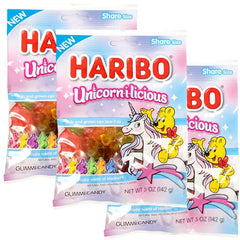 The Hampton Candy Company Unicorn-i-licious 5oz gummy bag trio packaging for party favors.
