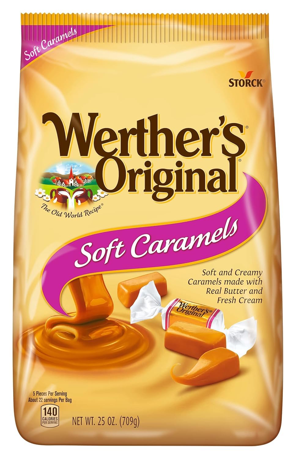 Werther's Soft Caramel bags arranged on a display for sharing