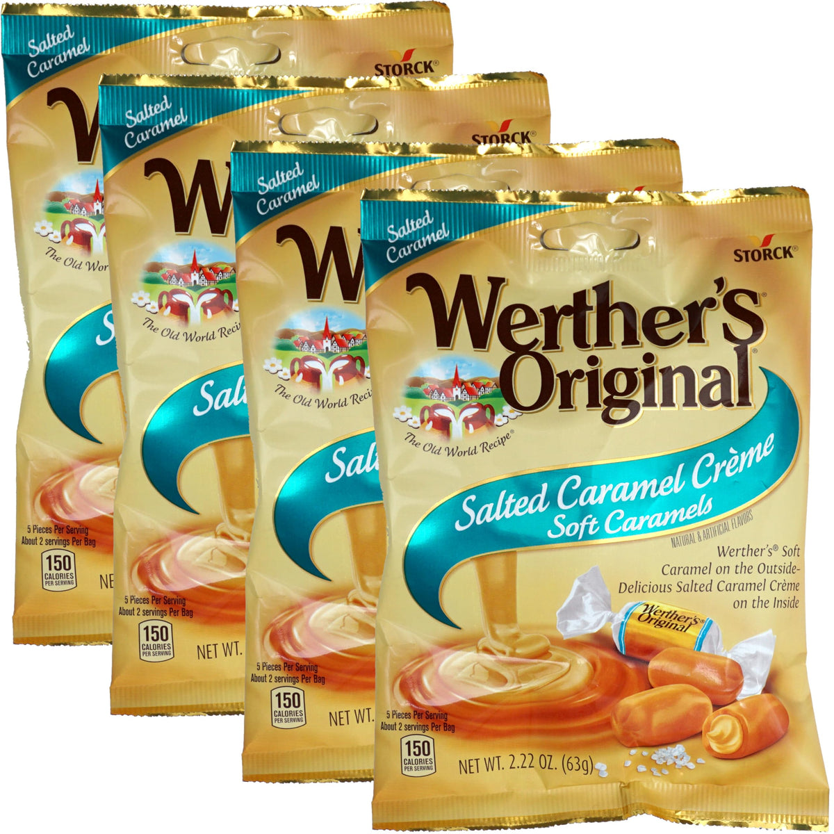 Werther's Soft Caramel four-pack by The Hampton Candy Company, ideal for on-the-go snacking.