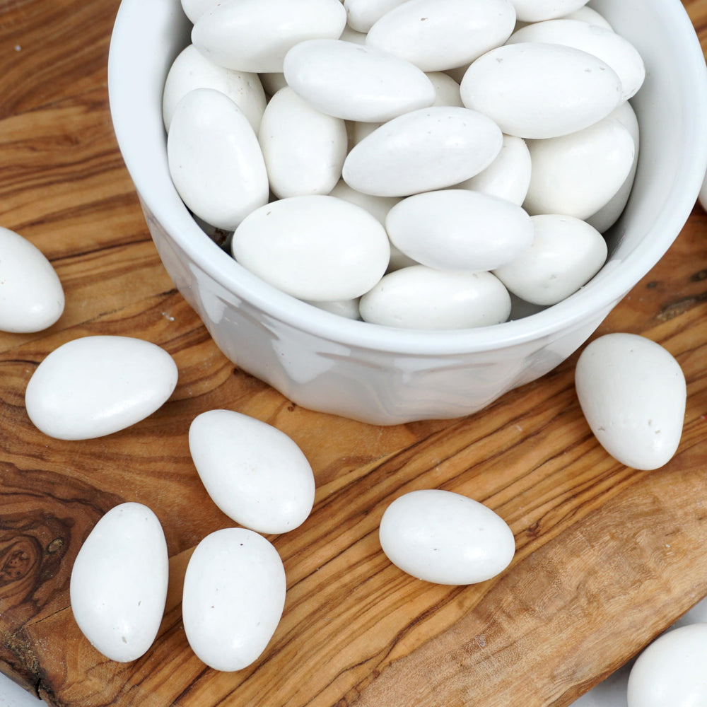 Gift jar of The Hampton Candy Company White Jordan Almonds ready for gifting.