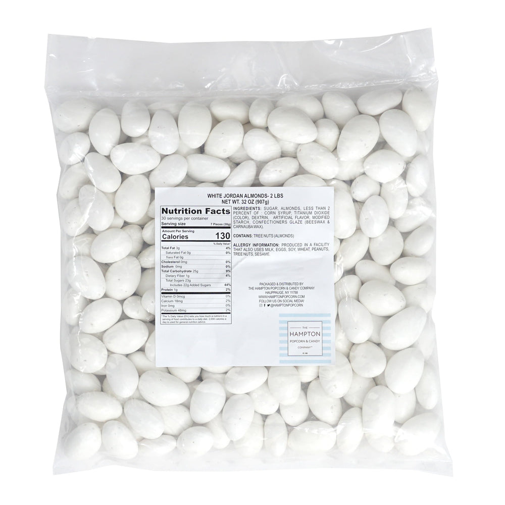 Close-up of The Hampton Candy Company White Jordan Almonds shell highlighting premium texture.