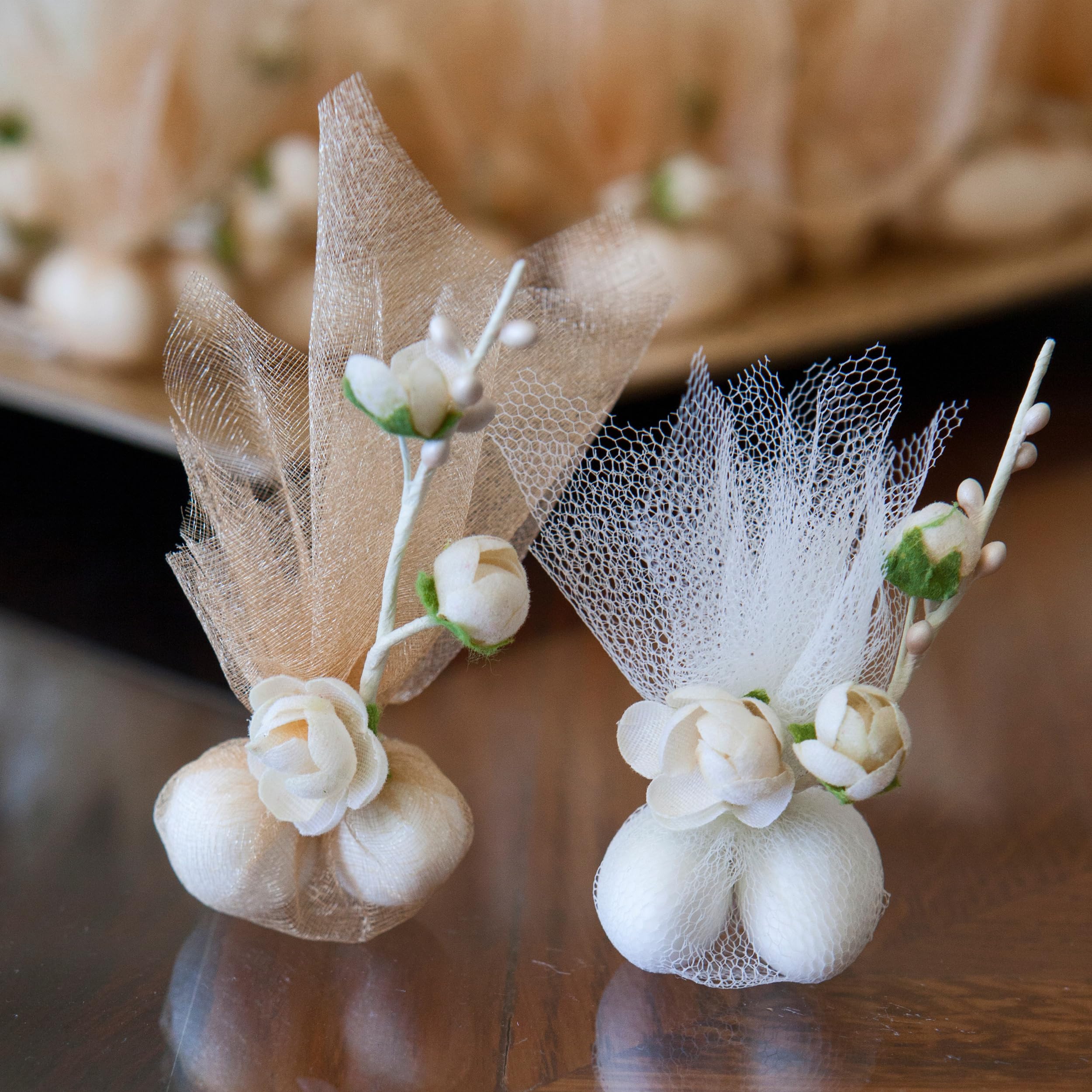 Table display of The Hampton Candy Company White Jordan Almonds as a centerpiece for elegant holiday display.