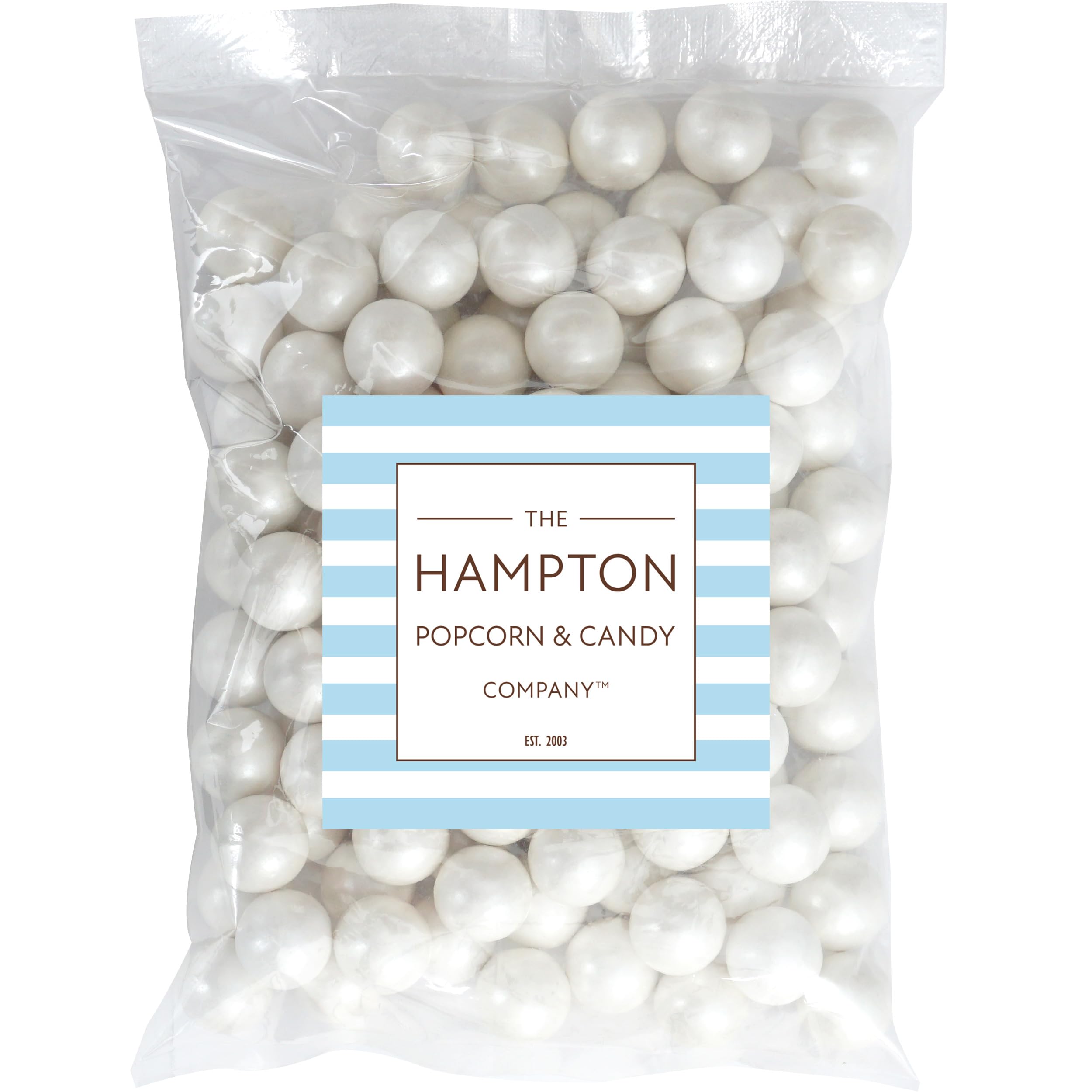 White Shimmer Gumballs 1 inch, from The Hampton Candy Company, ideal for events and bubble-blowing fun.