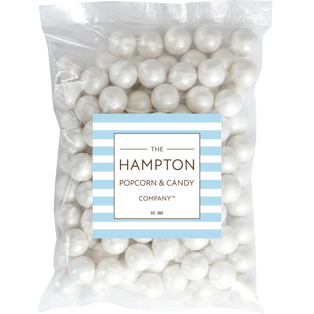 White Shimmer Gumballs 1 inch, from The Hampton Candy Company, ideal for events and bubble-blowing fun.
