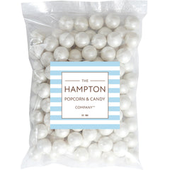 White Shimmer Gumballs 1 inch, from The Hampton Candy Company, ideal for events and bubble-blowing fun.