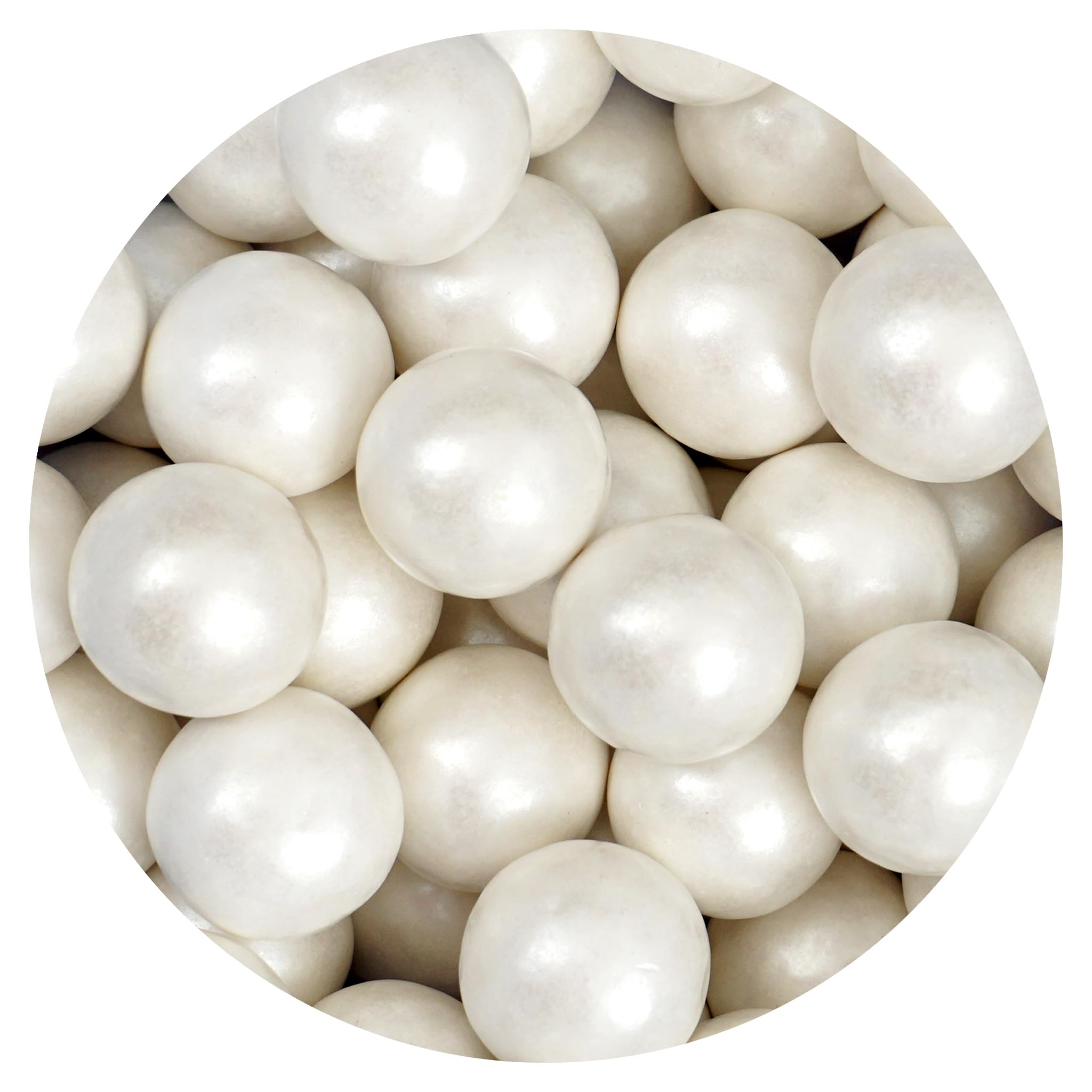 The Hampton Candy Company White Shimmer Gumballs 1 inch, perfect for candy dispensers and party decor.