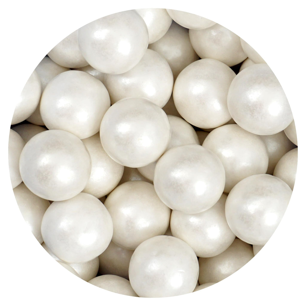 The Hampton Candy Company White Shimmer Gumballs 1 inch, perfect for candy dispensers and party decor.