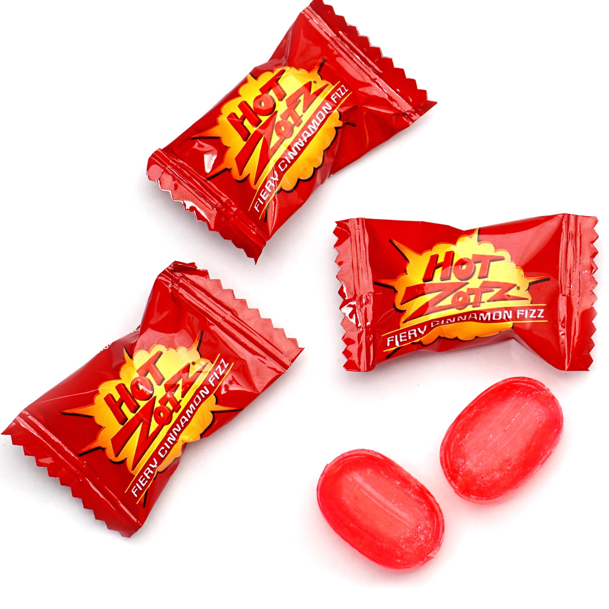 Hot Zotz Fiery Cinnamon Fizz bulk bag poured into a decorative bowl for gatherings.