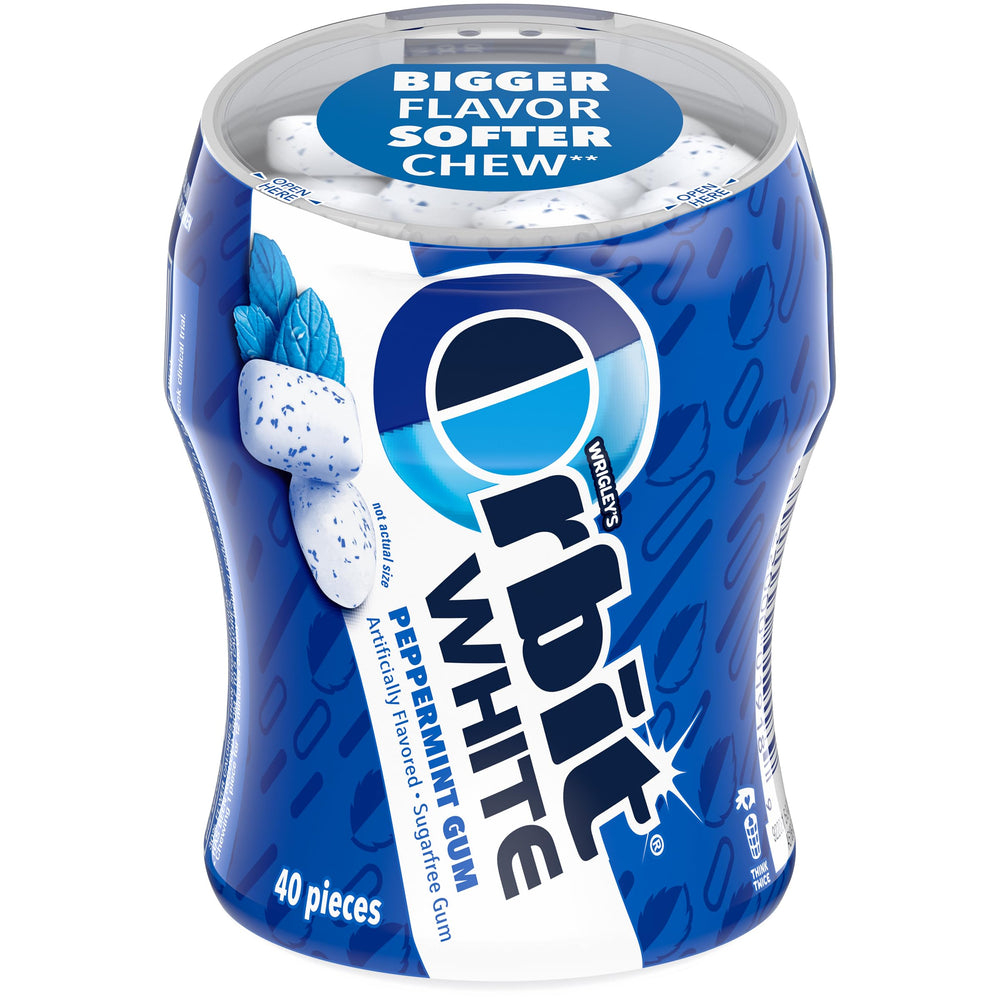 Orbit White Peppermint gum pieces offer minty, sugar-free chewing anytime.