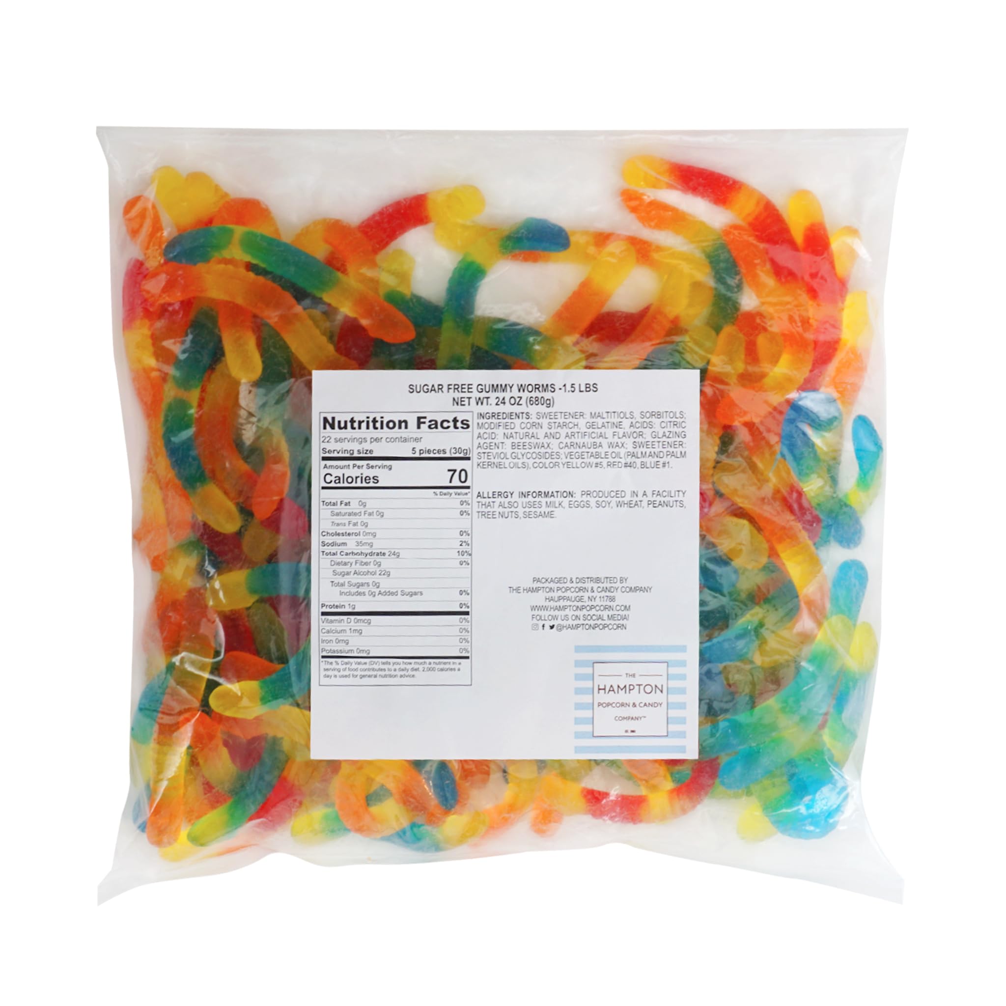 The Hampton Candy Company sugar-free gummy worms assorted flavors close-up.