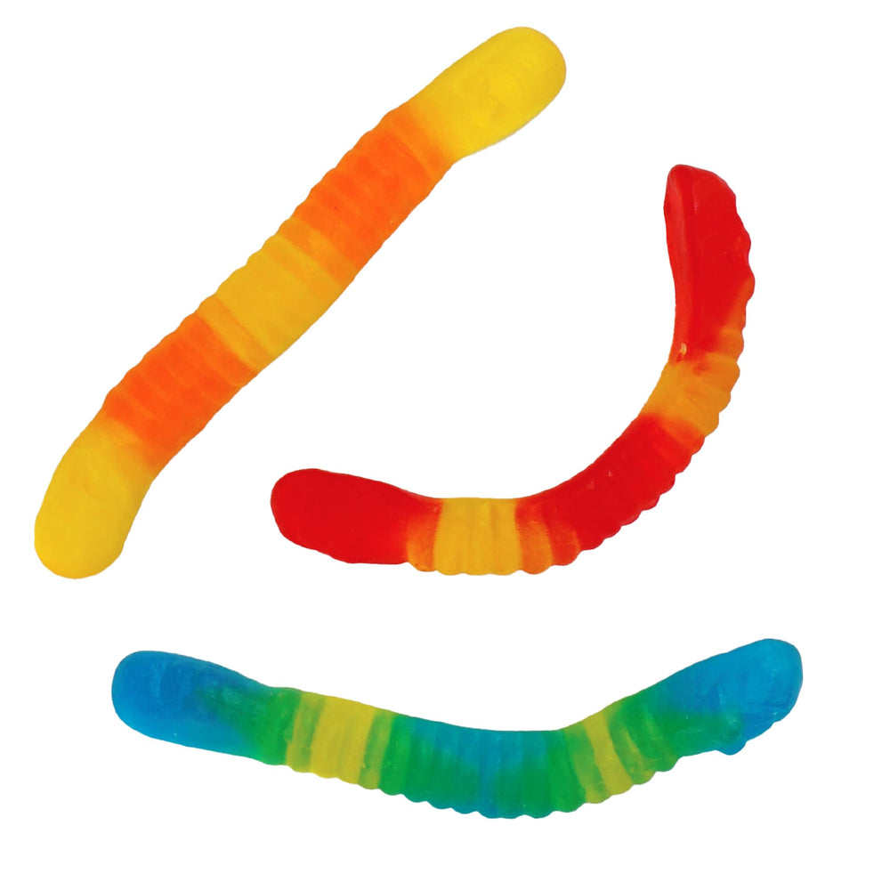 Close-up of chewy, colorful sugar-free gummy worms from The Hampton Candy Company for snacking.