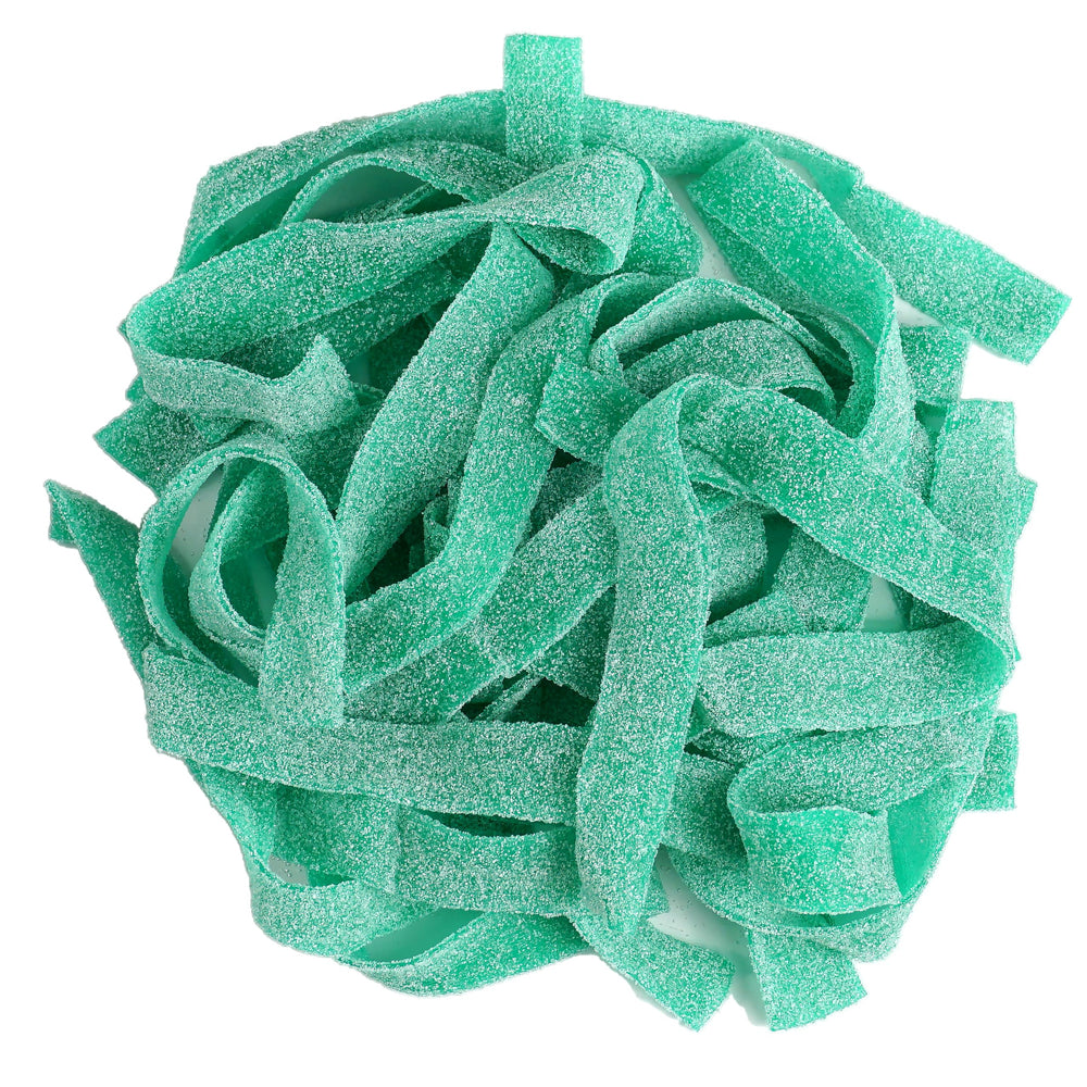 The Hampton Green Apple Sour Belts bulk bag displaying chewy texture for sharing.