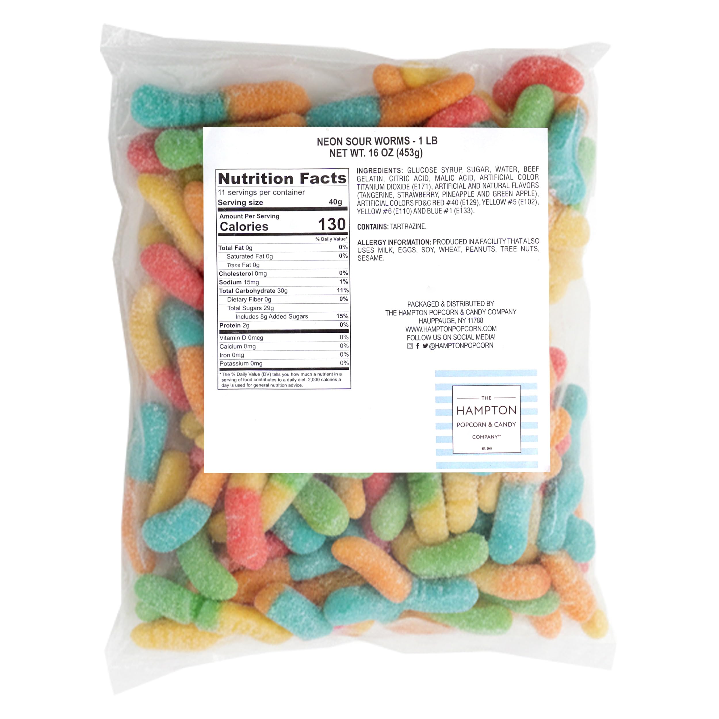 Closeup of The Hampton Neon Sour Gummy Worms with sugar coating