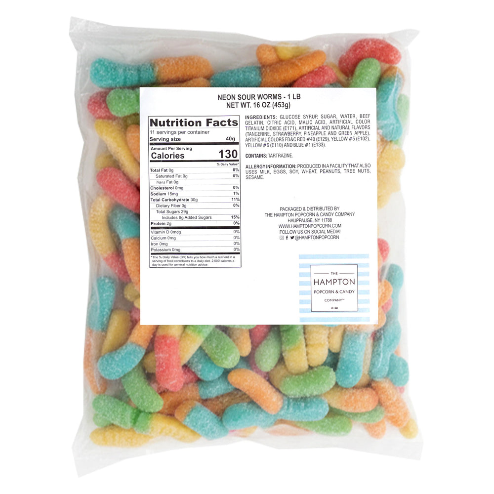 Closeup of The Hampton Neon Sour Gummy Worms with sugar coating