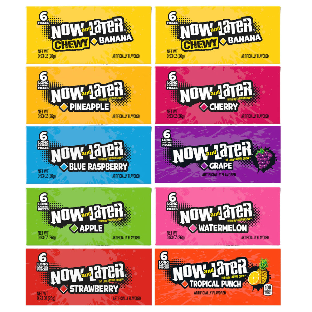 The Hampton Now & Later taffy assortment in colorful wrappers, ideal for on-the-go snacking