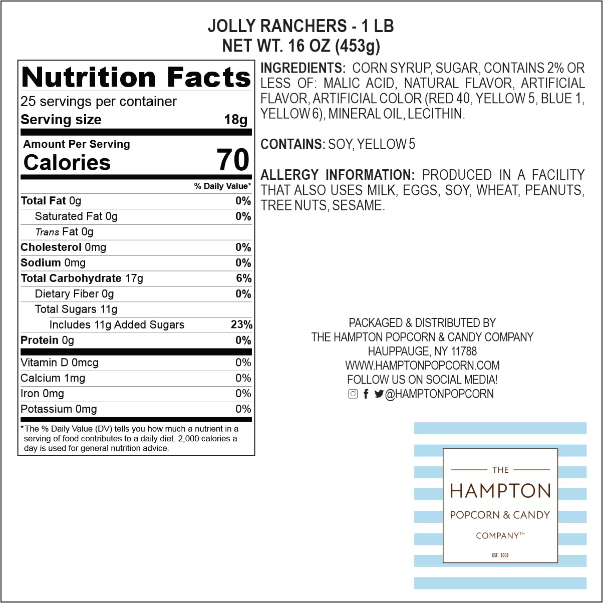 The Hampton Popcorn Company Jolly Ranchers watermelon candy, great for party favors.
