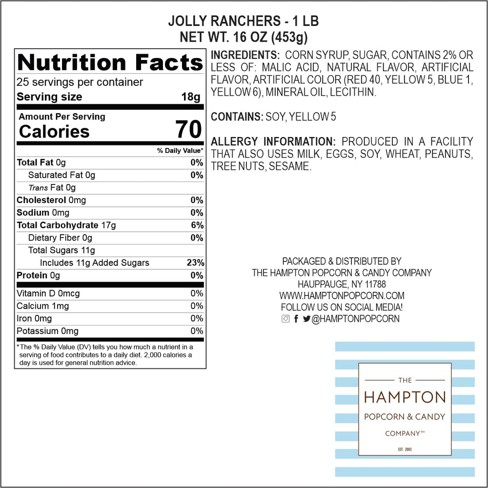 The Hampton Popcorn Company Jolly Ranchers watermelon candy, great for party favors.