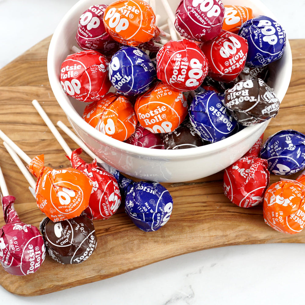 The Hampton Popcorn Company Tootsie Roll Pops raspberry flavor, fun snack for gatherings.